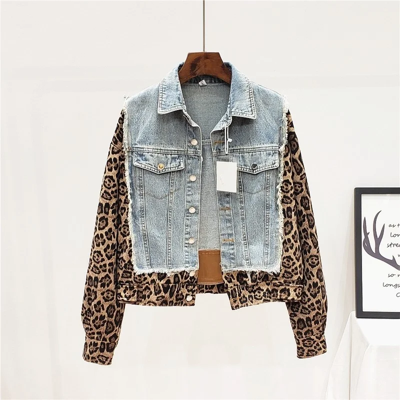 Autumn Spring Patchwork Leopard Denim Jacket Women Long Sleeve Single Breasted Loose Fit Pearls Printed Casual Short Outerwear