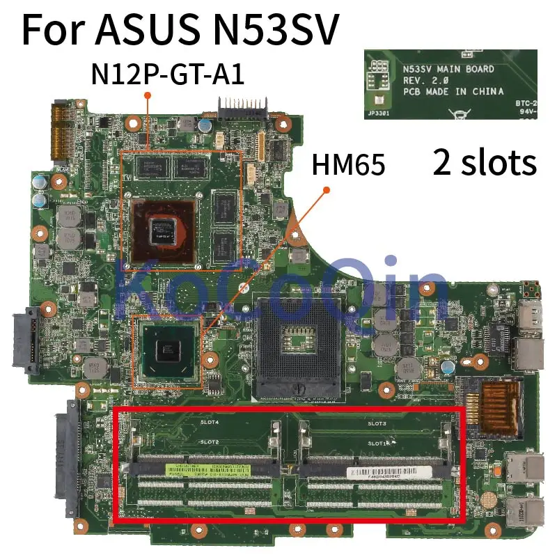 N53SV For ASUS N53SV N53SM N53SN N53S GT540M Notebook Mainboard REV.2.HM65 N12P-GT-A1 DDR3 2 slots Laptop Motherboard