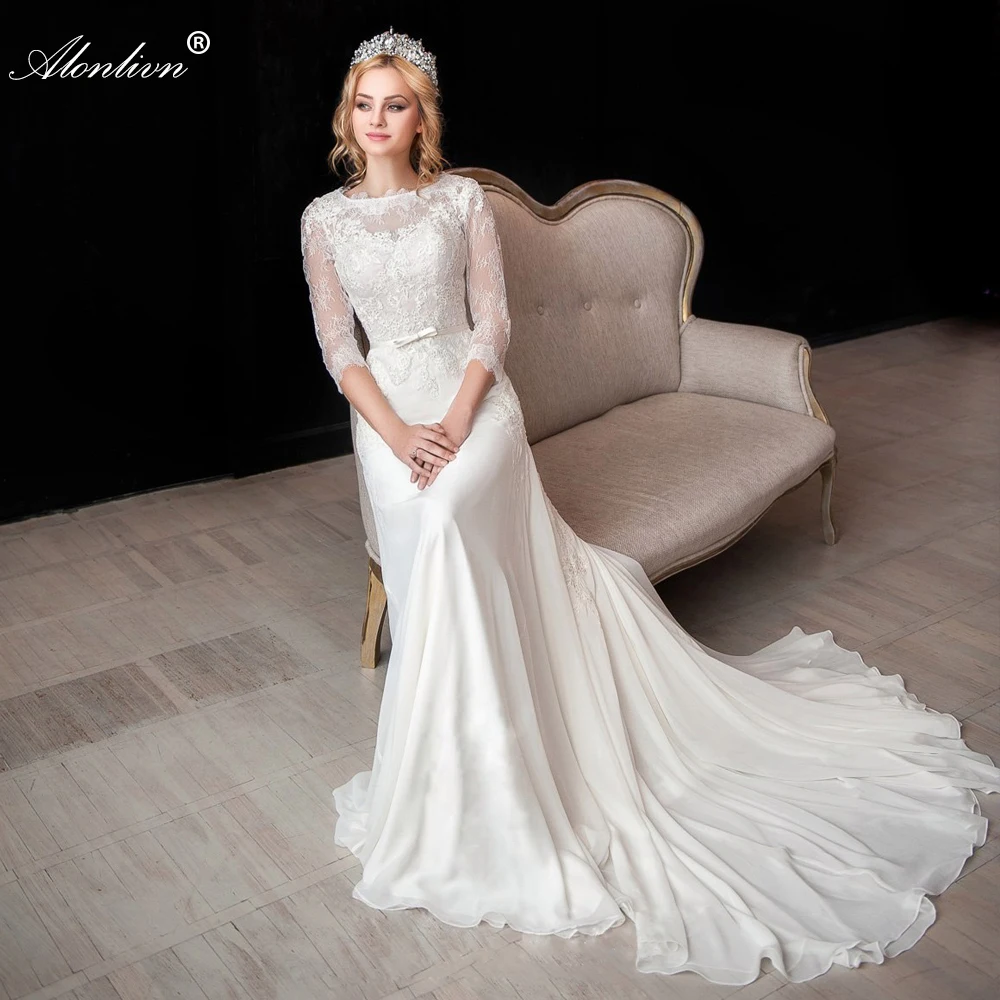 Alonlivn elegancki prawdziwy koronkowy gorset Top Vestido De Noiva prosty szykowny szyfon O-Neck trzy czwarte sukienki panny młodej