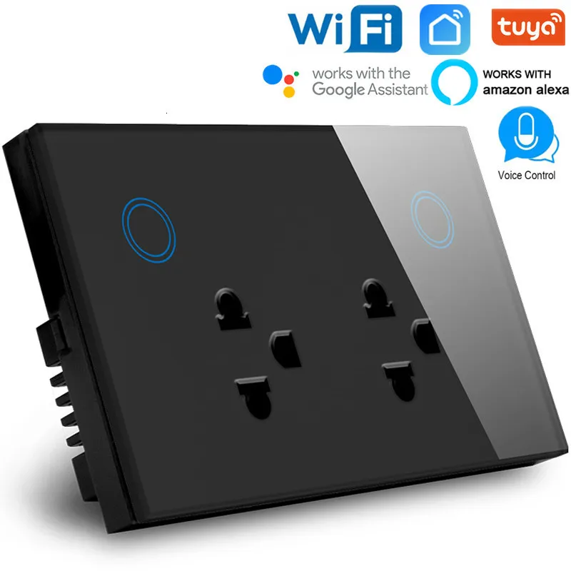 

Smart 3 Pin Double WIFI Socket 10A for Thailand Touch Glass panel WIFI Outletl Voice and tuya APP control by Alexa Google