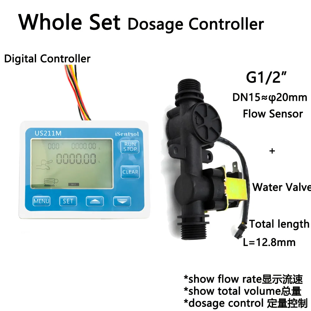 

US211M USN-HS21TX Dosage Machine Quantitative Controller Water Flow Meter Sensor Reader 1-30L/min 24V with Sensor and Solenoid