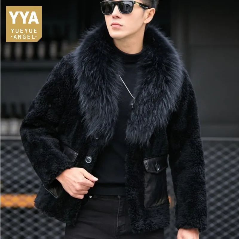 Winter Men Real Wool Coat Designer Luxury Raccoon Fur Collar Warm Casual Overcoat Street Single Breasted Outerwear Male Oversize
