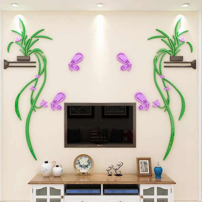 Orchid Acrylic Mirror Wall Stickers, Living Room, Sofa, TV, Flower, Self Adhesive, Home Decor