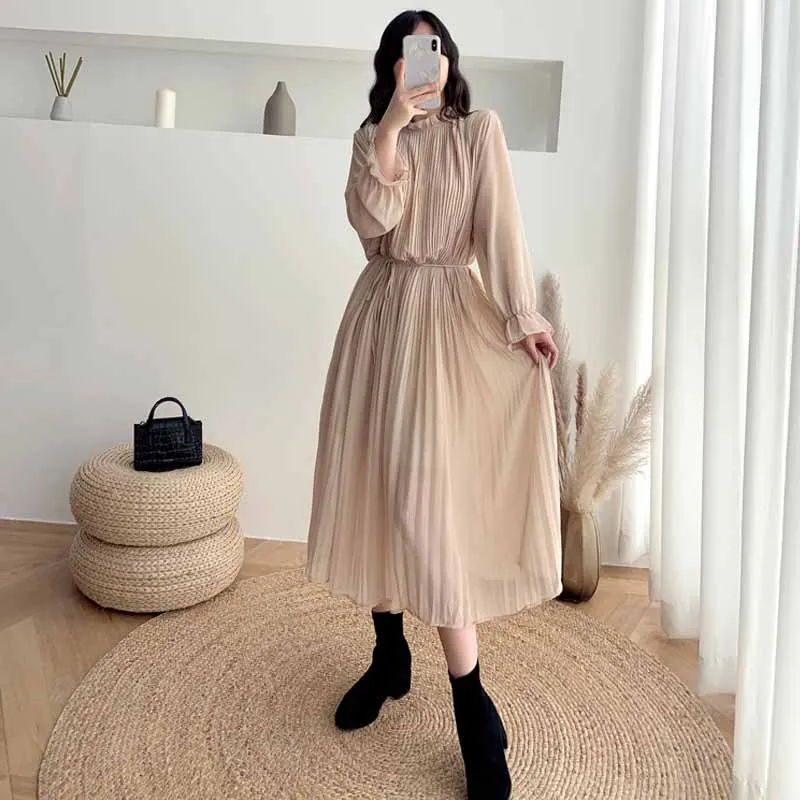 Loose Stand Collar High Waist Waistband Slim Long Dress Autumn Korean Style Elegant Elegant Pleated Chiffon Dress Women 12536