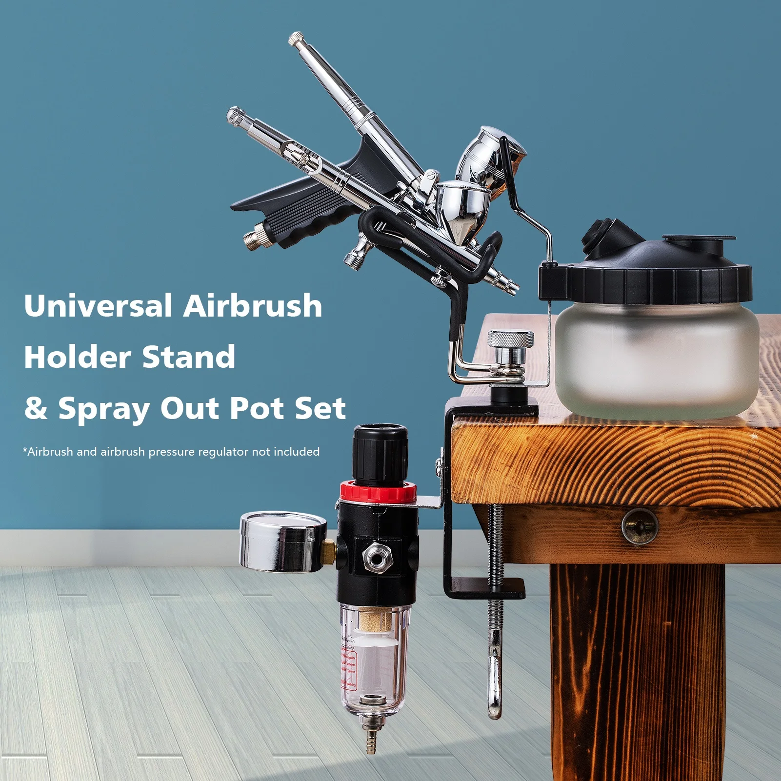 Universal Airbrush Holder Two-Brush Holder Clamp-on Table Stand with Universal Spray Out Pot Set