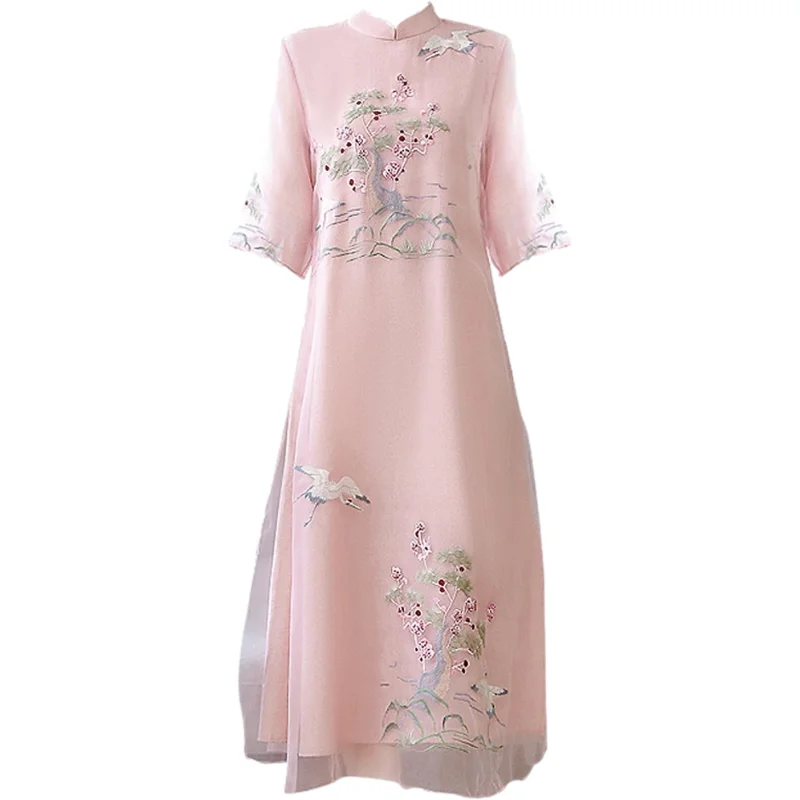 Chinese Styles Vintage Women Hanfu Midi Qipao Dresses China Traditional Elegant Cheongsam Tang Suit New Robe Orientale Clothing