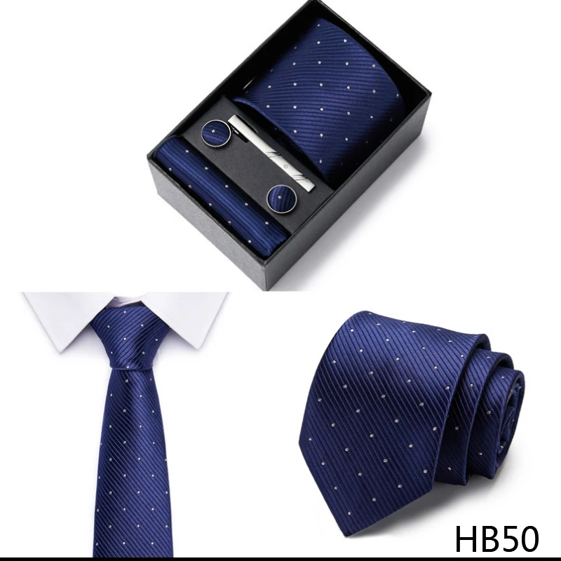 2023 neue Stil Hochzeit Geschenk Krawatte Für Männer Krawatte Box Anzug Zubehör Solide Blaue Krawatte Einstecktücher Manschettenknopf Set – Detail 16