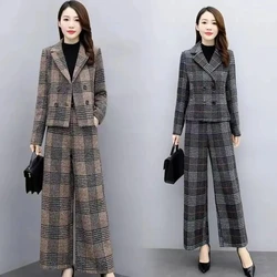 Fashion Wide-Leg Pants Suit Women's Tide 2021 Autumn And Winter New Woolen Plaid Blazer Jacket+ Pants Two-Piece Woolen Jacket