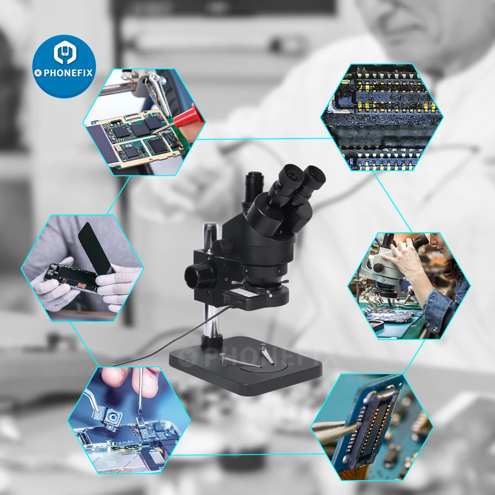 Imagem -05 - Microscópio Estéreo Trinocular 7x180x Zoom Contínuo Microscópio Estereoscópico Simul Focal Ampliação Laboratório Microscópio Industrial Reparo Micro-soldagem Instrumentos Microscópicos Reparos Telefones Celulares Sold