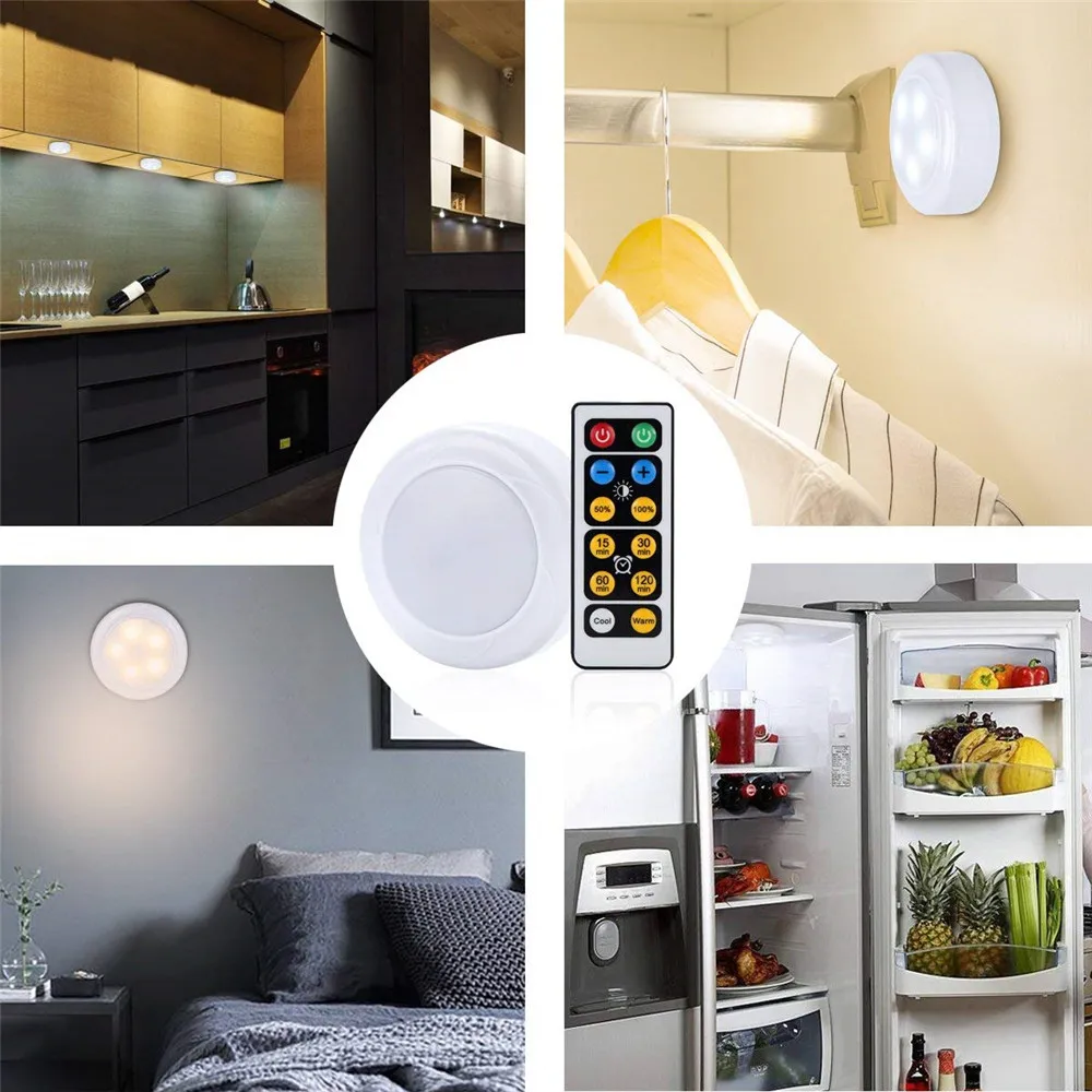 Wireless Dimmable LED Puck Lights Under Cabinet Lighting with Remote Control Stick on LED Closet Wardrobe Kitchen Night Light