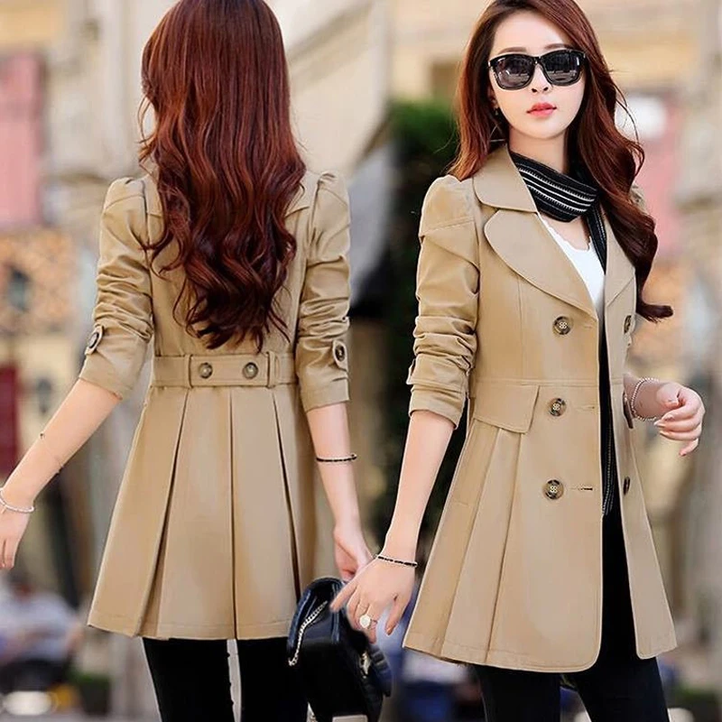 Women's Long Double-Breasted Windbreaker Coat, Female Outwear, Monochromatic Jacket, Large Size, Spring Fashion Y312