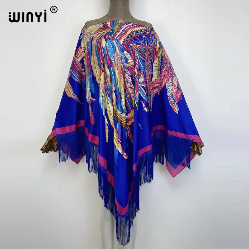 Europe 2022 WINYI new tassels fabric printed T-stage cardigan loose bat sleeve color matching Bohemian summer beach women's jack