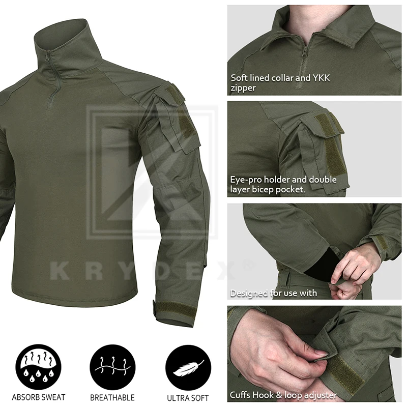 KRYDEX Ranger Green G3 Tactical BDU Combat Shirt For Shooting Hunting Paintball CP Style Outdoor Camouflage Tops + Elbow Pads