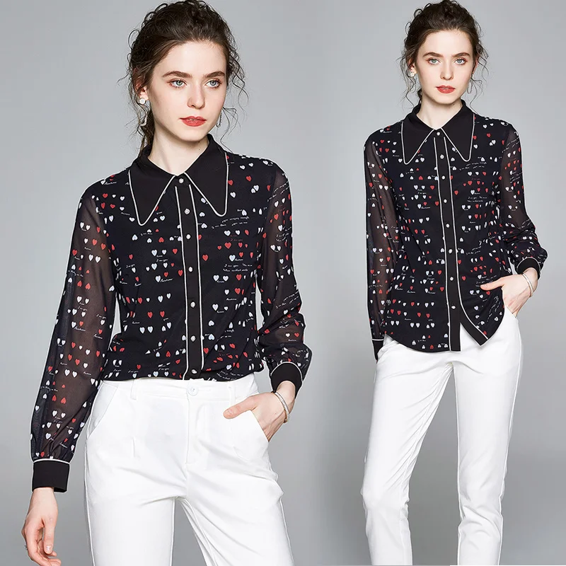 Vintage Women Runway Blouses 2021 Spring Summer Long Sleeve Black Mesh Stitching Love Printed Shirts Korean Clothes