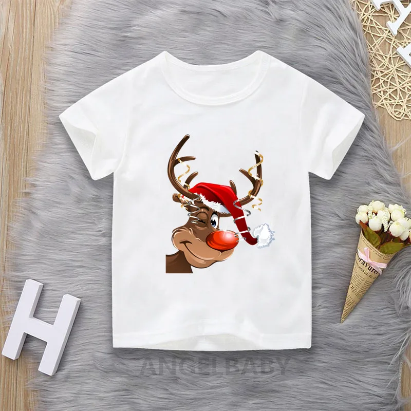 

Merry Christmas Deer Cartoon Print Children T-shirts Girls/Boys Funny Baby Clothes Kawaii Kids Short Sleeve Tshirt Gift Present