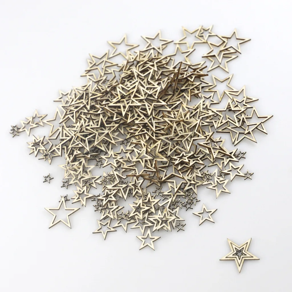 100pcs 10mm Wooden Stars Slices Mixed Size Wooden Hollow Out Star Embellishments Tags for Christmas Wedding Party Decorations