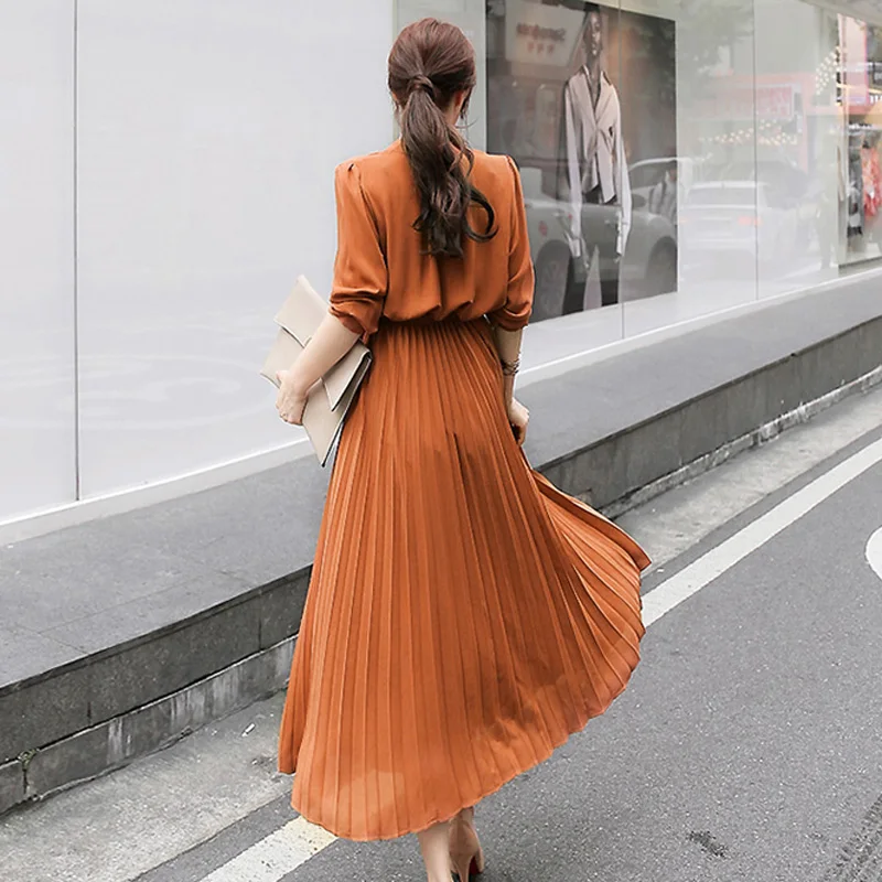 BGTEEEVR Elegant Single Breasted Women Pleated Dresses Full Sleeve Slim Waist A-line Dresses Casual Female Long Vestidos 2019