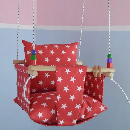 Berra Life Star Pattern Natural Wooden Child Hammock Type Swing-Red