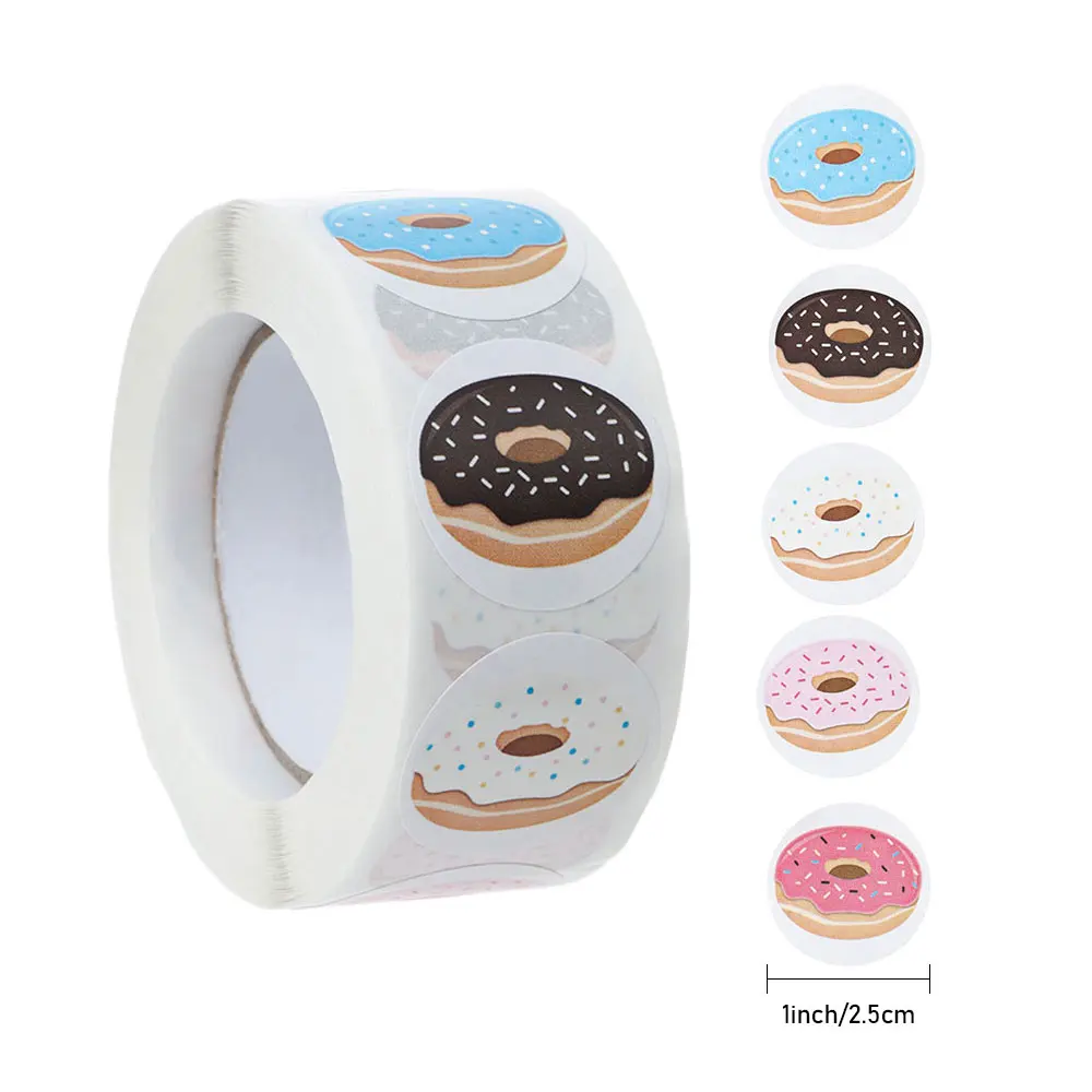 500 PCS 2.5 ซม.น่ารัก Donut สติกเกอร์ซีลป้ายบรรจุภัณฑ์ของขวัญสติกเกอร์งานแต่งงานของขวัญวันเกิดสติกเกอร์คุกกี้ป้ายตกแต่ง