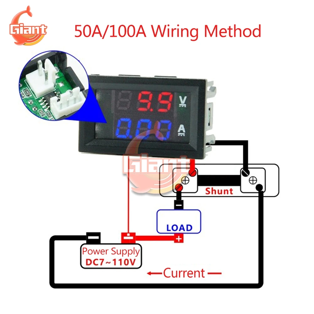 DC0-100V/7-110V 50A Digital Voltmeter Ammeter LED Display DC Amp Volt Meter Voltage Current Tester Volt Detector with FL-2 Shunt