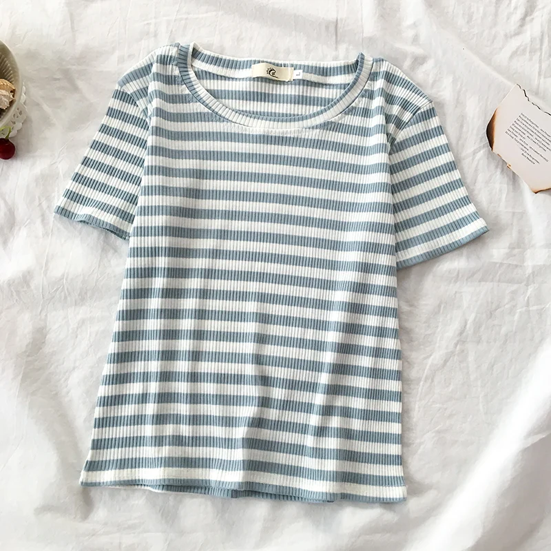 Short Sleeve T-shirts Women Lovely Slim Chic Soft Ulzzang Summer Ladies Crop Top Striped All-match Casual Popular Femme Tees Ins