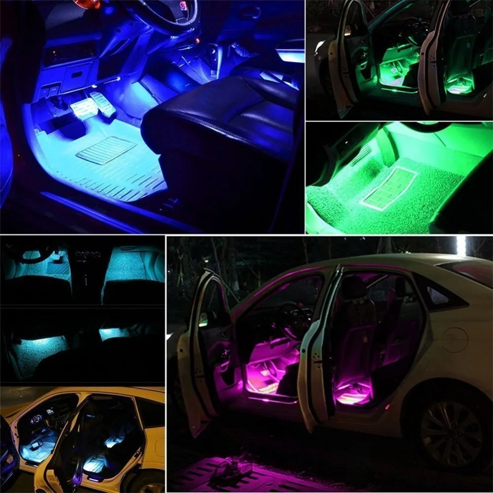 Car LED Strip Light,4pcs 36/48 LED DC 12V Multicolor Music Car Interior Light Function and Wireless Remote Control, Car Charger