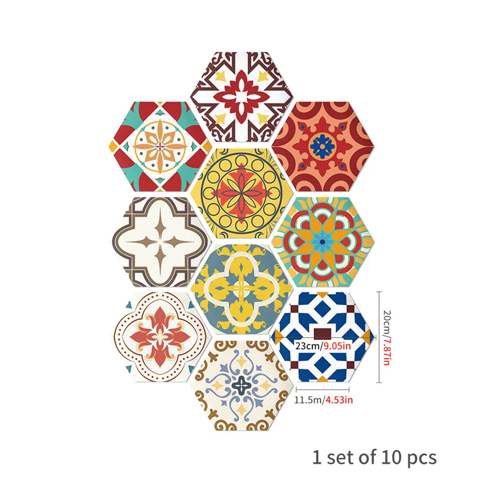 10PCS/Set Color Tile Paste Paper PVC Self-adhesive Hexagon Wall Floor Stickers Wallpaper Kitchen Bedroom Decoration Decal Murals