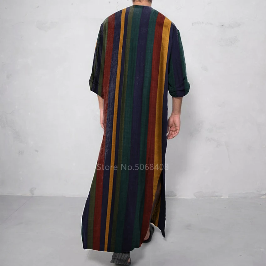 Muslim Fashion Jubba Thobe Men Islamic Arab Fashion Robes Striped Pocket Round Collar Long Sleeve Pullover Kaftan Linen Vintage