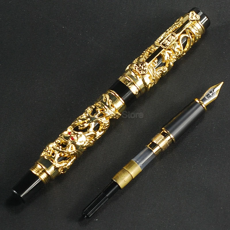 

Jinhao High Grade Dragon Phoenix Fountain Pen, Metal Carving Embossing Heavy Pen, Golden & Black For Vintage Fountain Pen