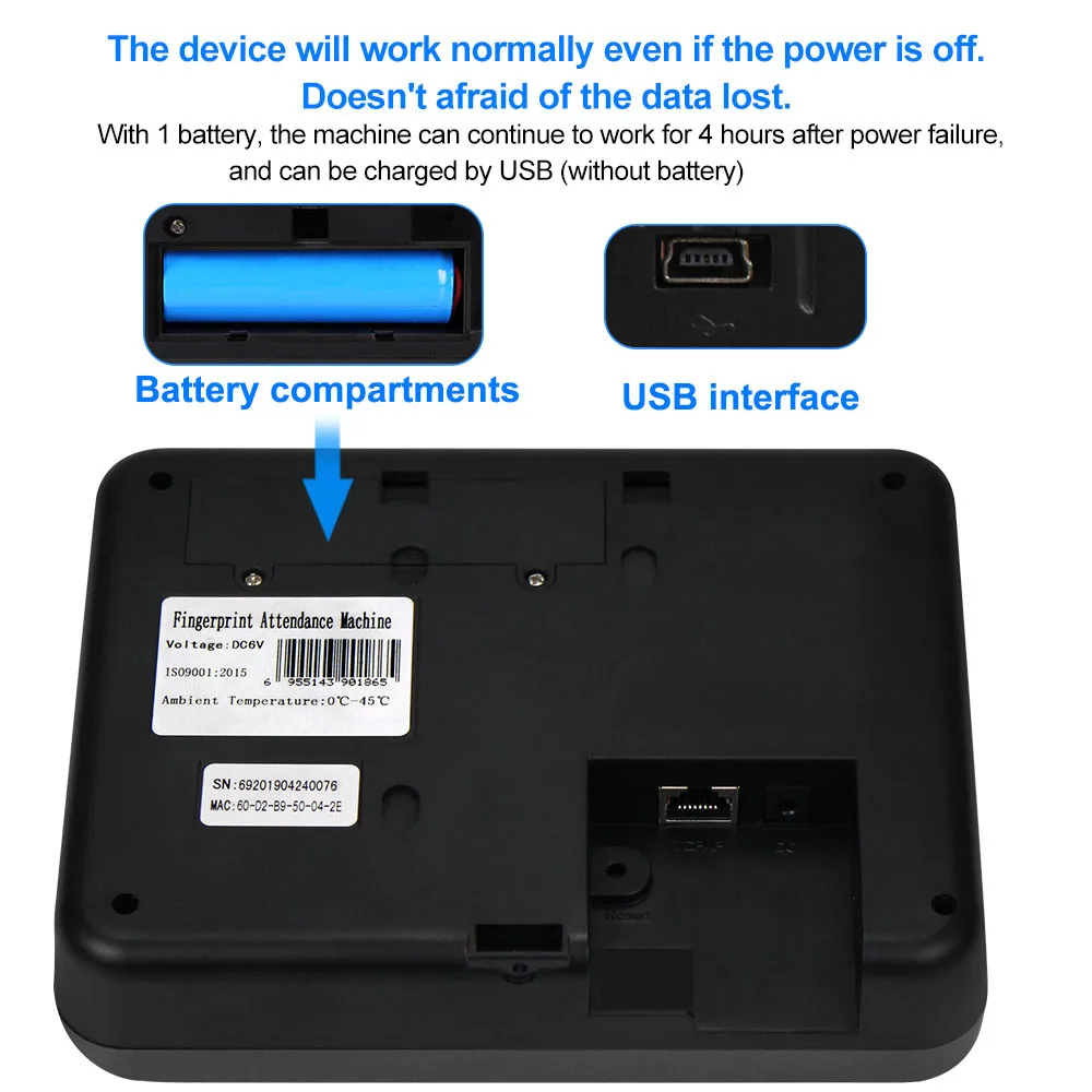 Realand 2.4inch Biometric Fingerprint Time Attendance Machine RFID Card TCP/IP/USB Employee Check-in/Check-out Device Software