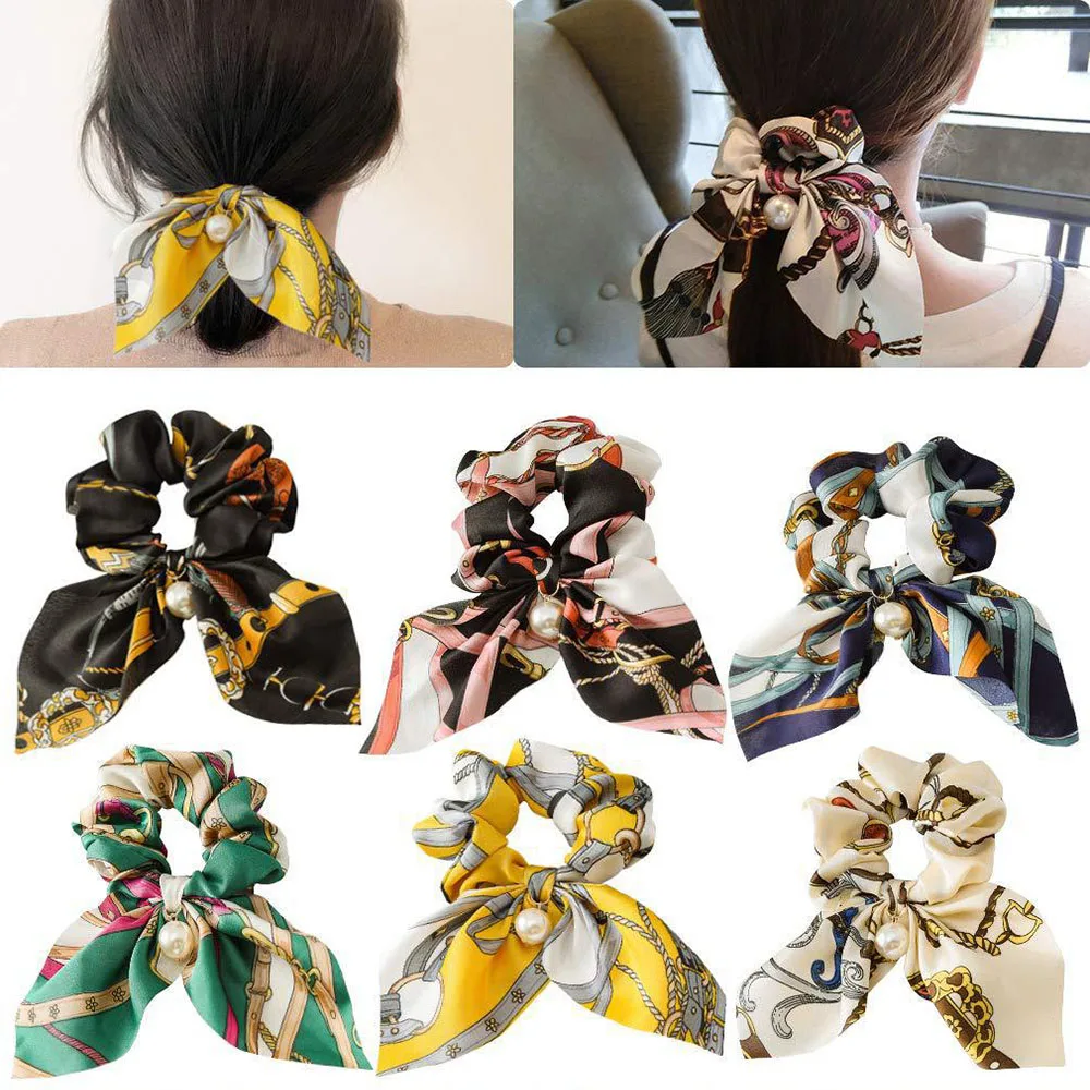 

Fashion Hair Accessories Bowknot Scarf Scrunchies Colorful Printed Pearl Elastic Hair Band Hair TIe Scrunchies for Women