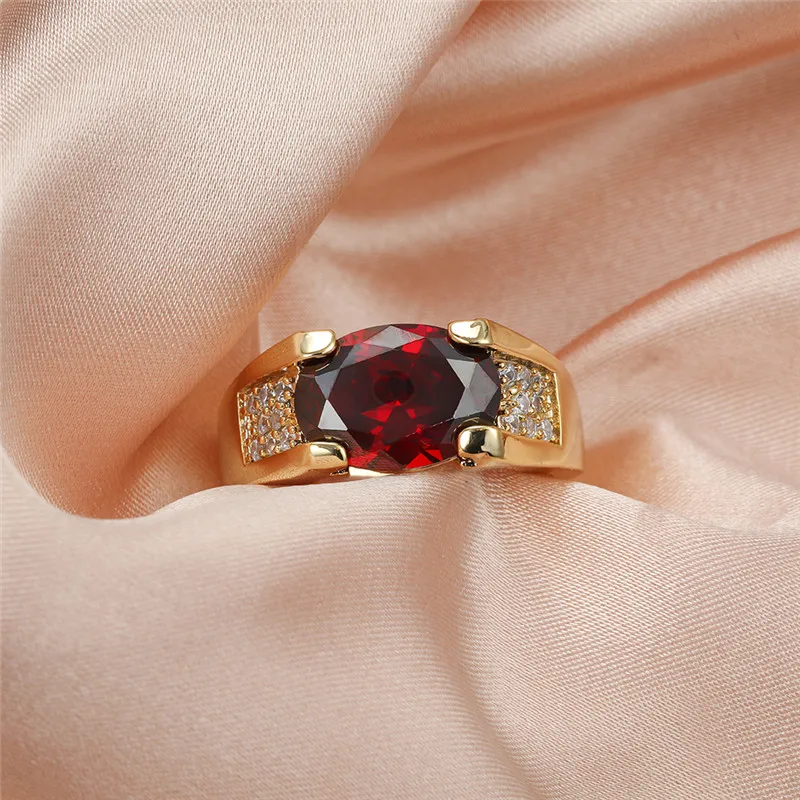 Charm Male Female Red Crystal Stone Ring 18KT Yellow Gold Color Thin Wedding Rings For Women Luxury Oval Zircon Engagement Ring