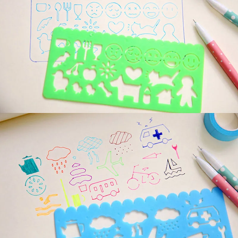 4Pcs Candy Color Cute Art Graphics Symbols Drawing Template Stationery Ruler Student Kids Drafting Stencil Ruler Stationery