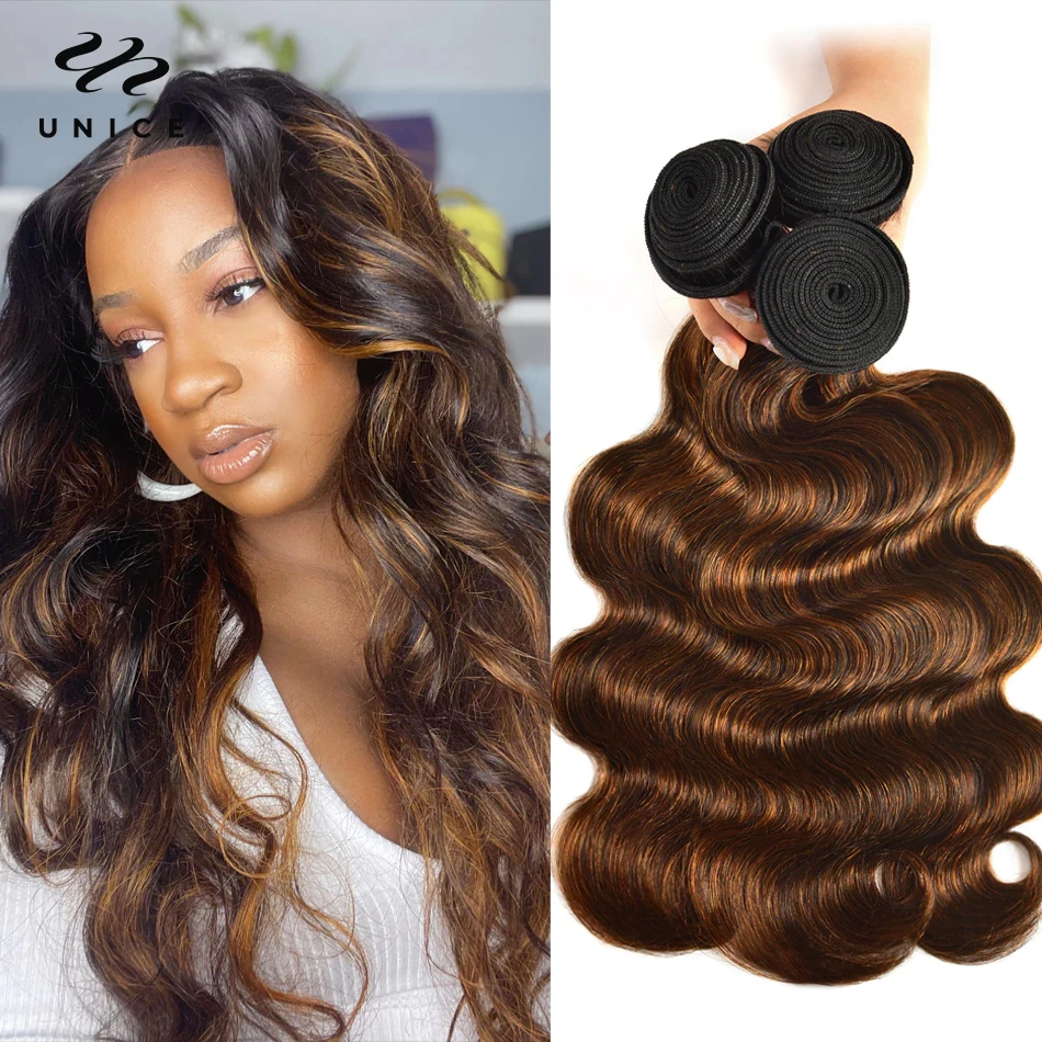 Unice-Bundles de cheveux humains Body Wave, Balayage Highlight, 100% cheveux humains, Ombre Brown Colored, Coudre en tissages, Richesse, FB30, 3 pièces