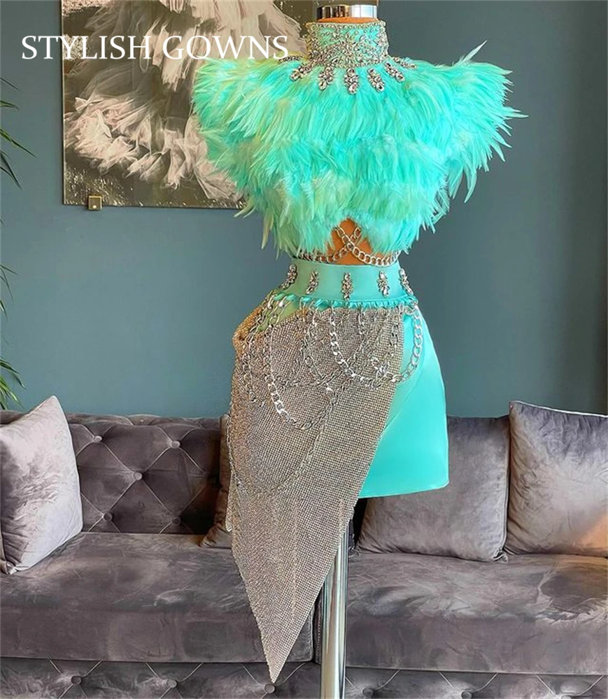 Mint Green Autumn Luxury Two Pieces Feather Short Prom Dress 2023 Beaded Mini Cocktail Homecoming High Neck Birthday Customized