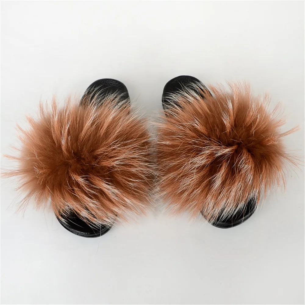 

New Fashion Big Raccoon Fur Slides Women Summer Non-slip Flat Sandals lady Fluffy Fur Slippers Casual Home Slipper Shoes