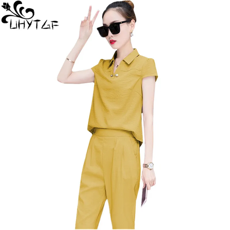 

UHYTGF Summer 2 Piece Sets Women Fashion V-Neck Pullover Top+Pants Tracksuit For Women Short-Sleeved Big Size Two Piece Set 869