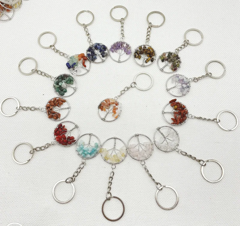 Hot Selling Natural Gem Stone Crystal Quartz fluorite lapis amethyst 7 Chakra Round 30MM Life Of Tree Pendant Keychain Chain