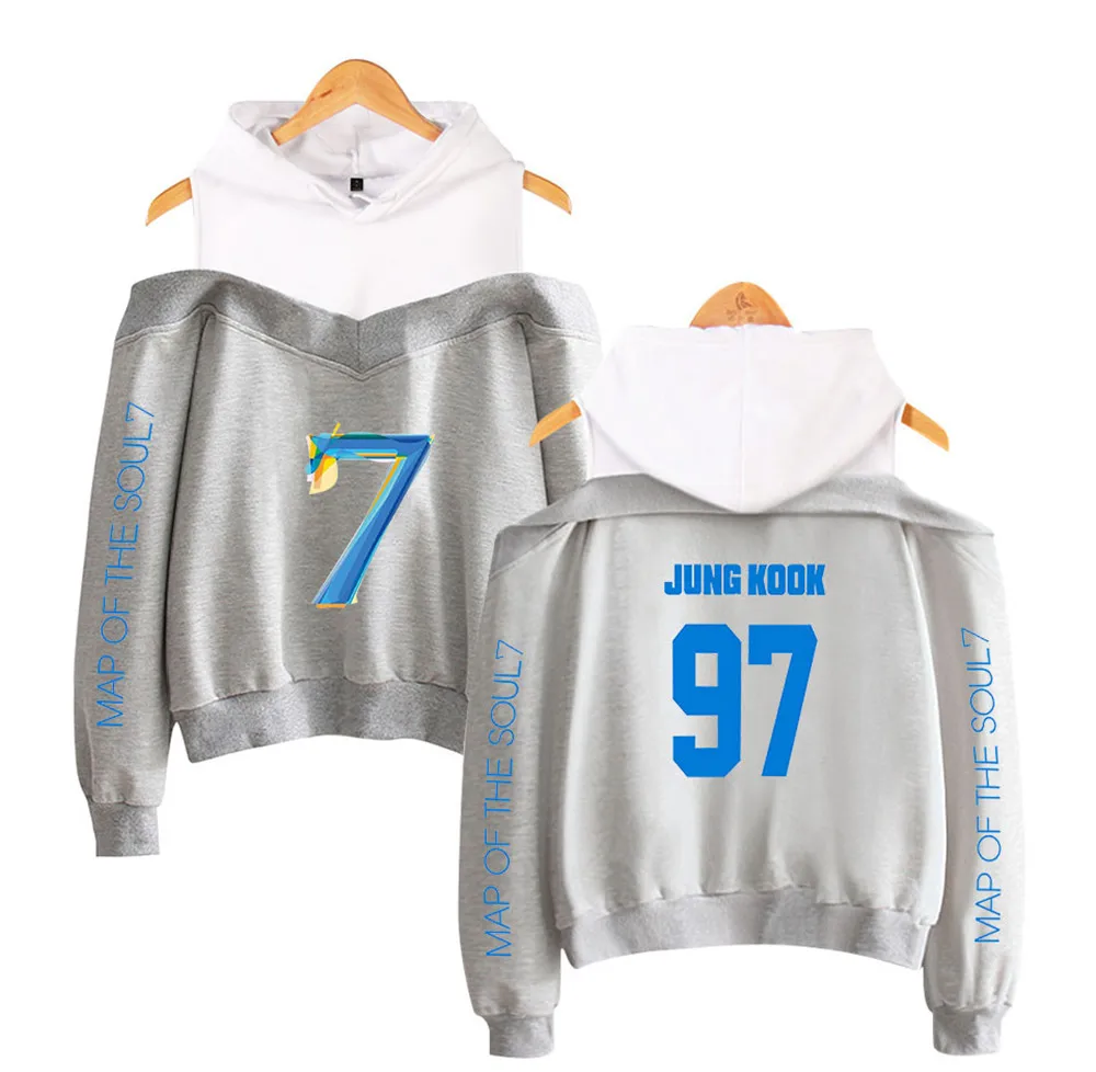 New JIMIN JIN RM V J-hope Jung Kook Sweatshirts Women Fashion Off-shoulder Hoodies Print Map of soul 7 Casual Pullovers Clothes