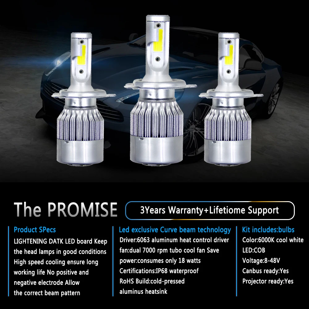 2Pcs C6 H1 H3 Headlight Bulbs H7 LED Car Lights H4 880 H11 HB3 9005 HB4 9006 H13 6000K 4300K 12000K 80W 8000LM Auto Headlamps