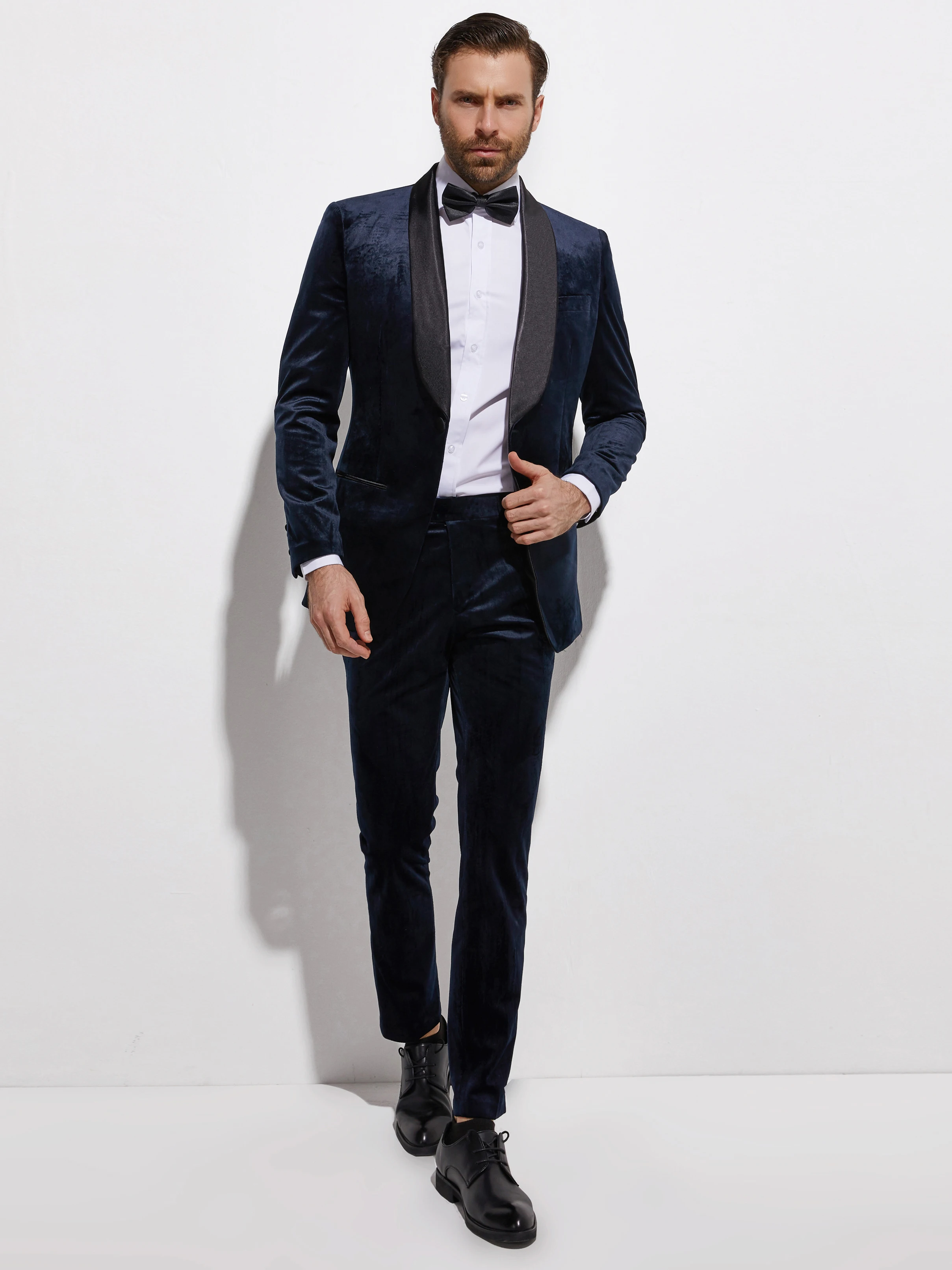 Fashion Midnight Blue Velvet Groom Tuxedo Suit Custom Made Slim Fit Wedding Tuxedo For Men Black Satin Shawl Lapel Latest Design