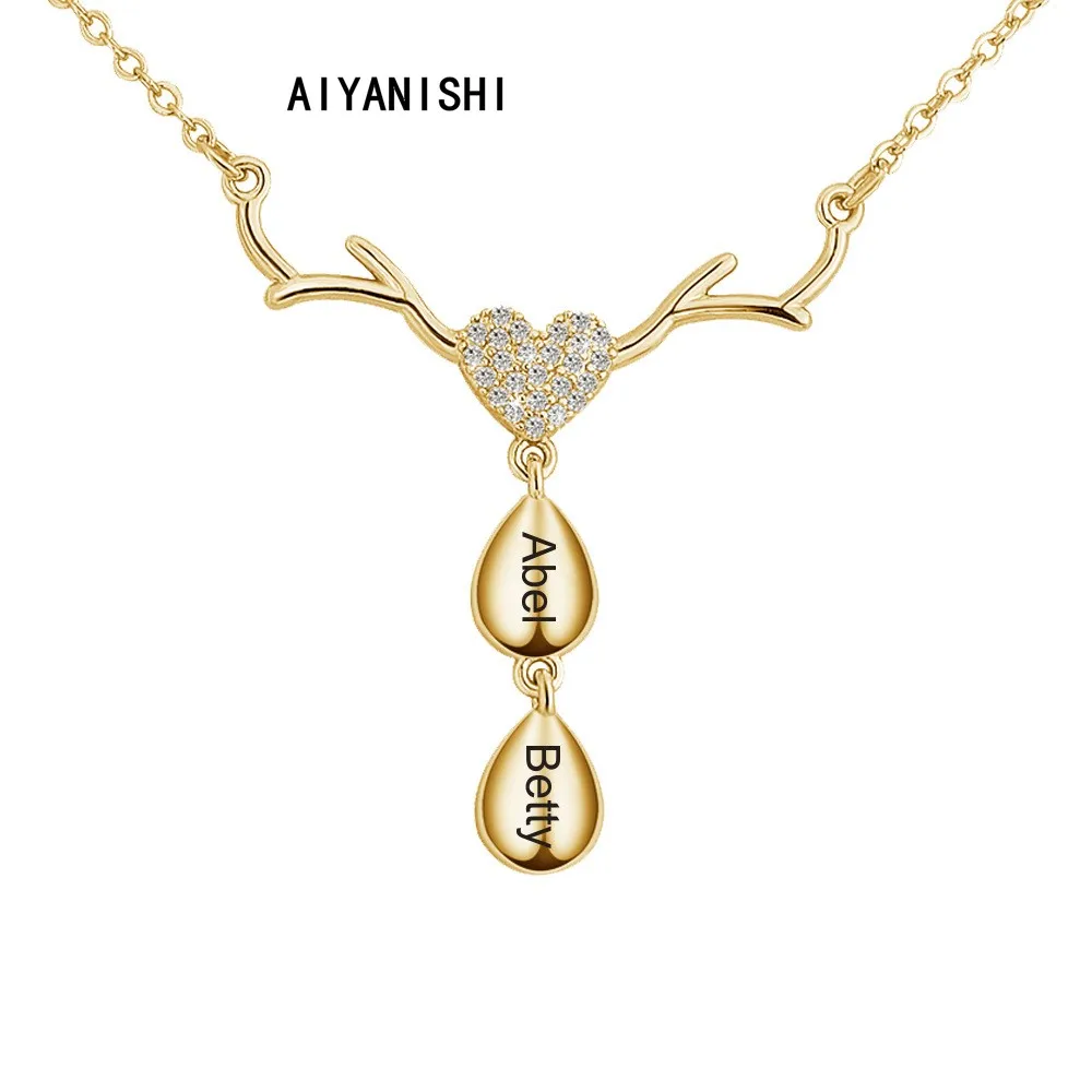 AIYANISHI 925 Silver Personalized Waterdrop Name Necklaces Elk Custom Name Heart Pendant Necklaces Family Mother Christmas Gifts