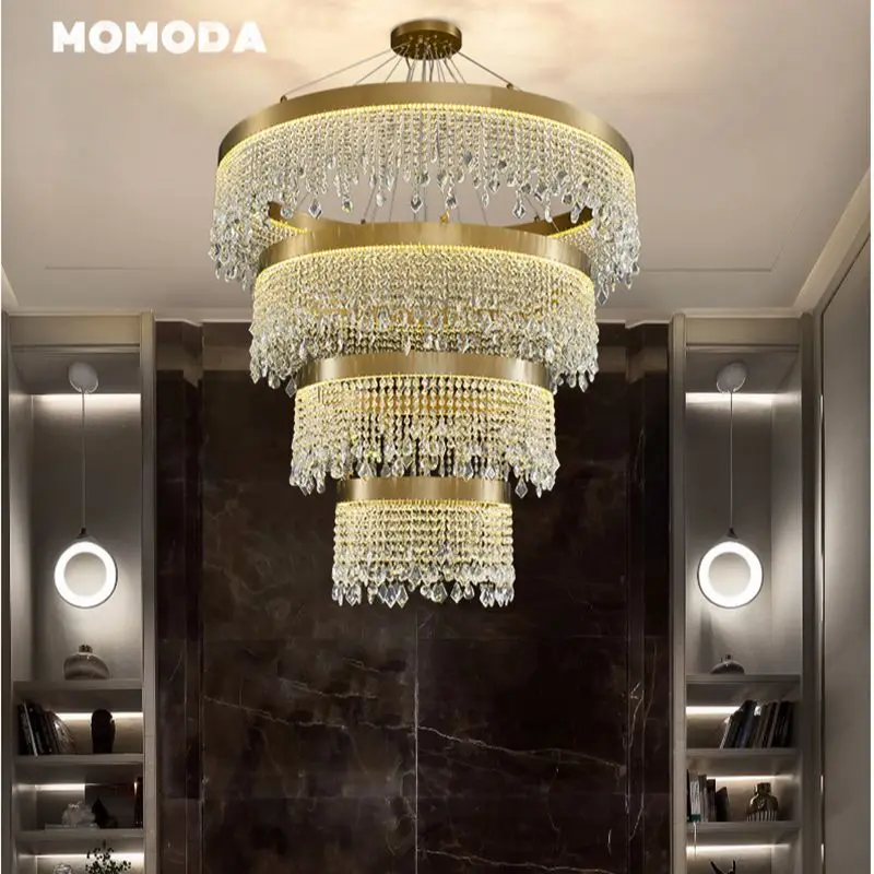 Luxury LED Chandeliers Lighting Postmodern Gold Stainless Steel Crystal Tassel Pendant Lights Bedroom Living Room Lamps Lustre