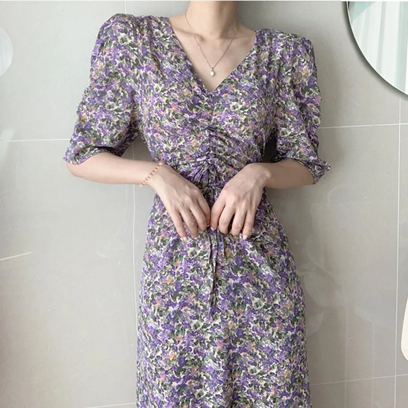 

Nice Summer Floral Print Midi Dress For Women Half Sleeve V-Neck Slim High Waist Lady Dresses Sweet Female Casual Vestidos