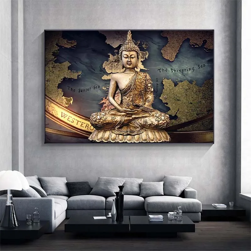 Golden Buddha Posters and Prints Wall Art Canvas Painting Buddhist Mood Pictures for Living Room Home Buddha Decoration