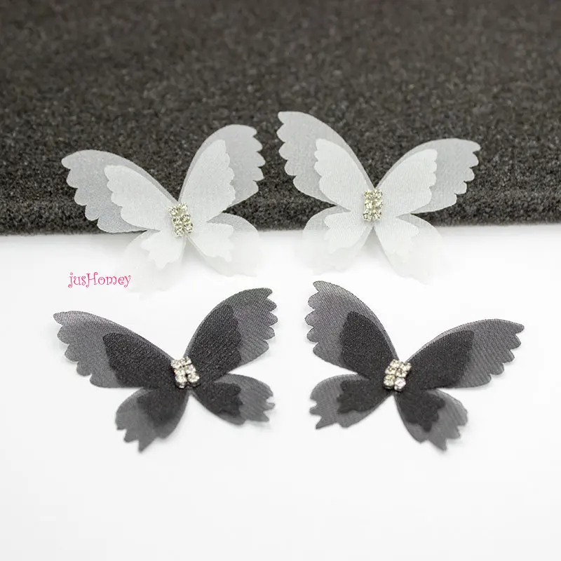 

100PCS Double-Layer White Organza Butterfly Appliques Sheer Chiffon Butterflies w/ rhinestone for Party Decoration