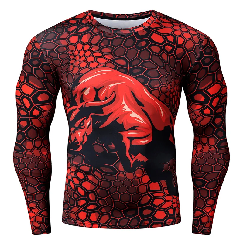 

High Quality Breathable Fabric Men’s Long Sleeve Compression Shirt Unique Bull Graphic Print For Sports Fitness