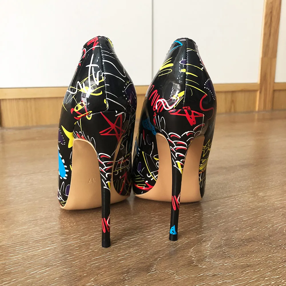 Veowalk Artistic Graffiti Print Women Sexy Stiletto High Heels Black Ladies Party Pointed Toe Pumps Shoes Customized Accept