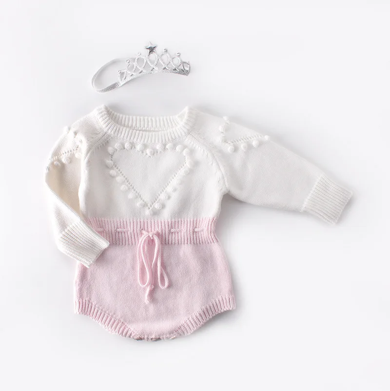 Winter Newborn Infant Kids Baby Girls Bodysuits Knitted Jumpsuit Toddler Hairball Heart Shape Sweater Bodysuits Warm Clothes