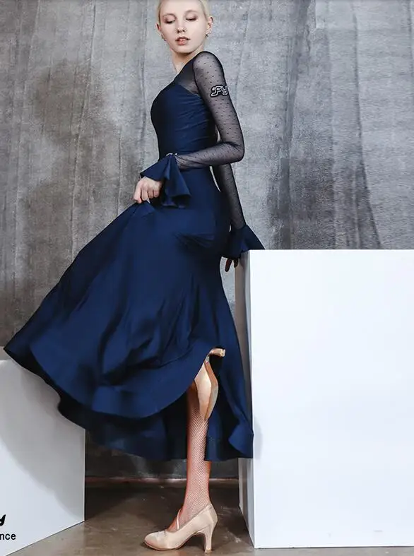 Ballroom skirt Tango body leotarad waltz Fox trot Quick step Dance Dress Practice long sleeve navy blue 623